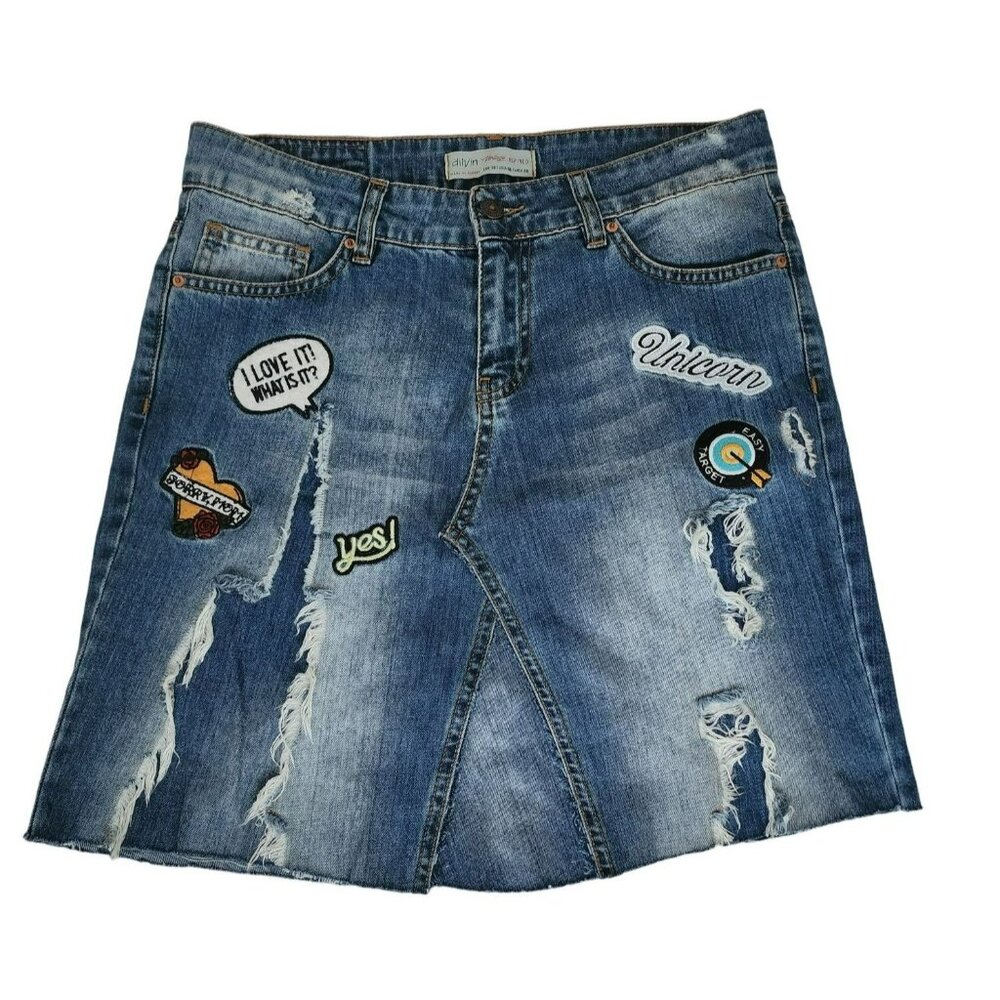 Dilvin Jeans Women's MAVI Blue Denim Patchwork Distressed Skirt Size US 06/EU-38 - Picture 2 of 12